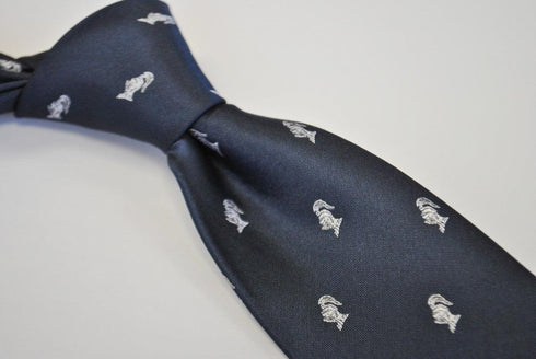 navy tie with medieval knight helmet design